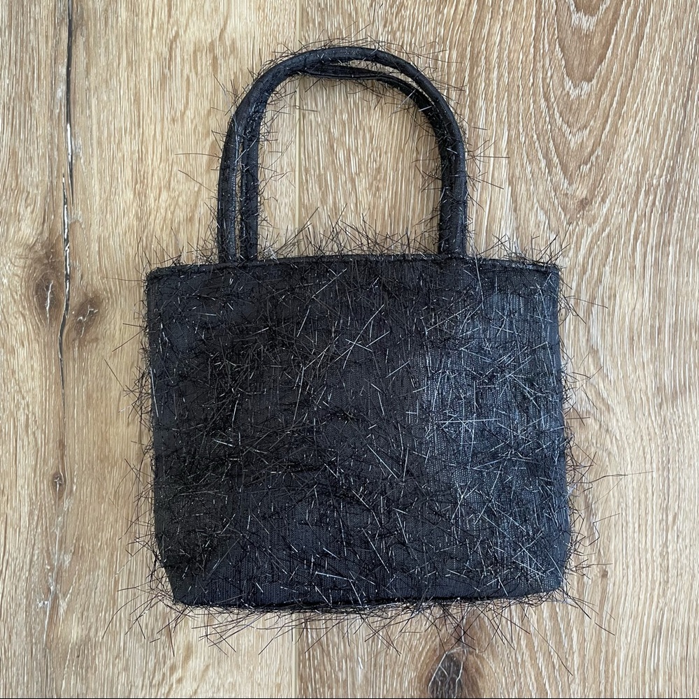 Black Hairy Fuzzy Tinsel Textured Handbag Tote